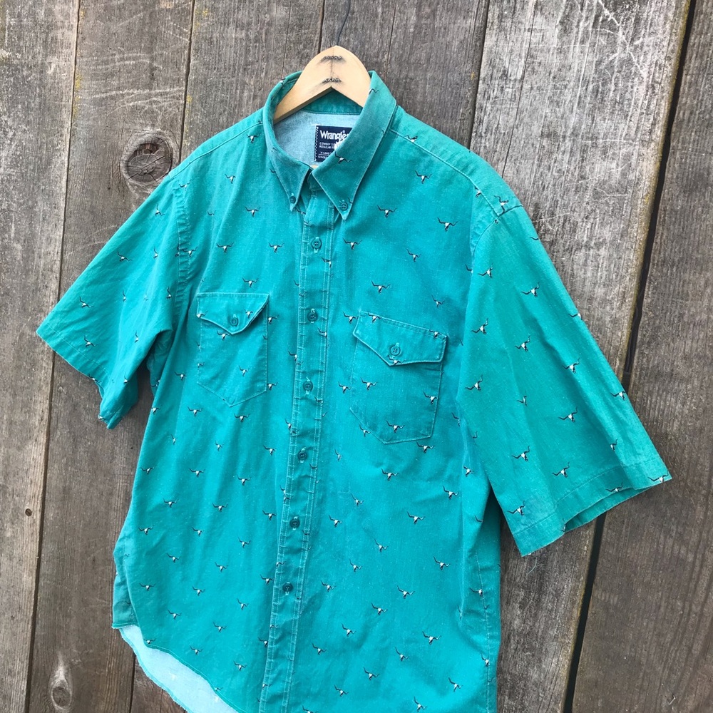 VTG 90s Wrangler USA Made Short Sleeve Western Cow Skull Print Shirt 17 - Picture 2 of 8